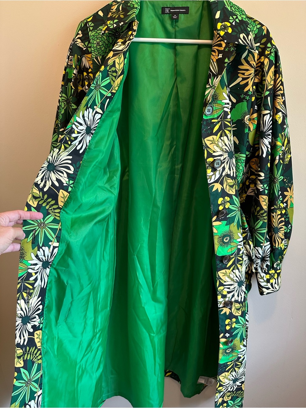 International Concepts INC Floral Twill Trench Coat M Amara Blooms Retro Green - Picture 7 of 10